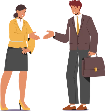 Man And Woman Shaking Hands Engaging In Conversation  Illustration