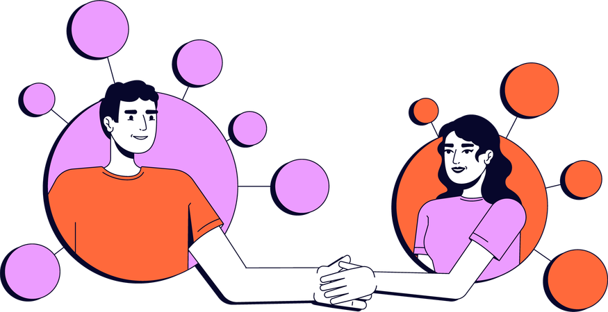 Man and woman shaking hands in network nodes  Illustration
