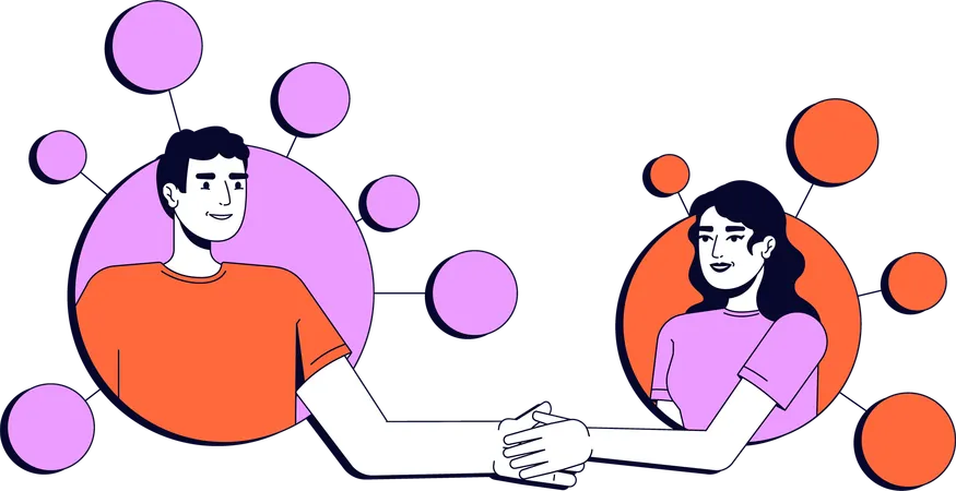 Man and woman shaking hands in network nodes  Illustration