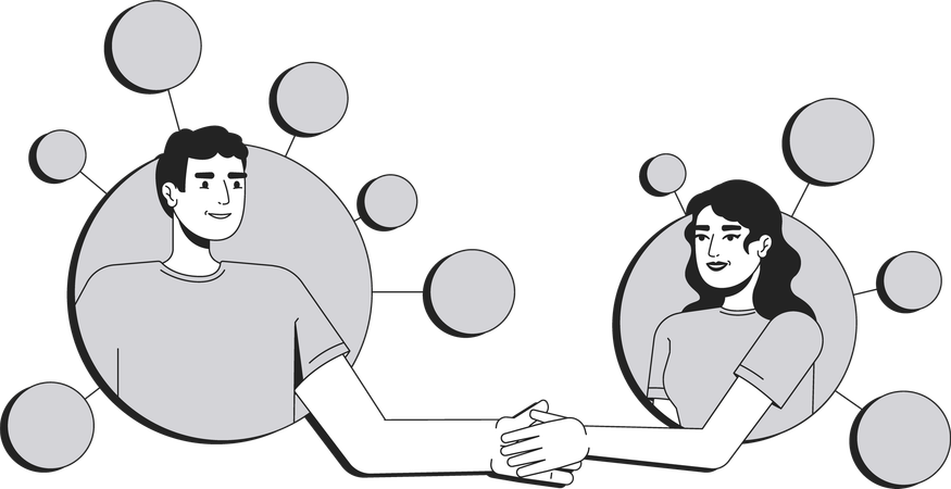 Man and woman shaking hands in network nodes  Illustration