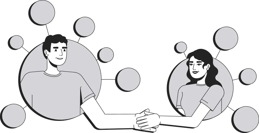Man and woman shaking hands in network nodes  Illustration