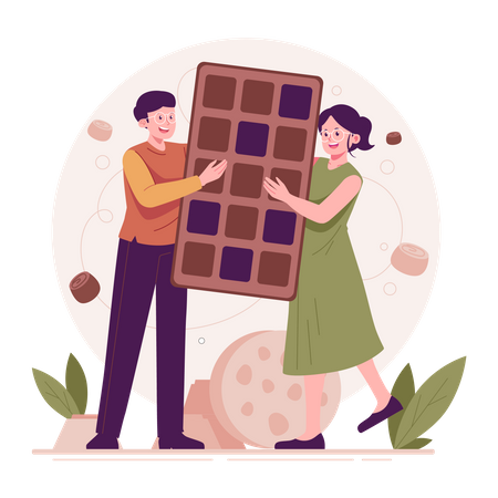 Man and woman sharing chocolate  Illustration