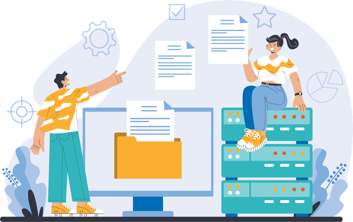 Man and woman sharing document on server  Illustration