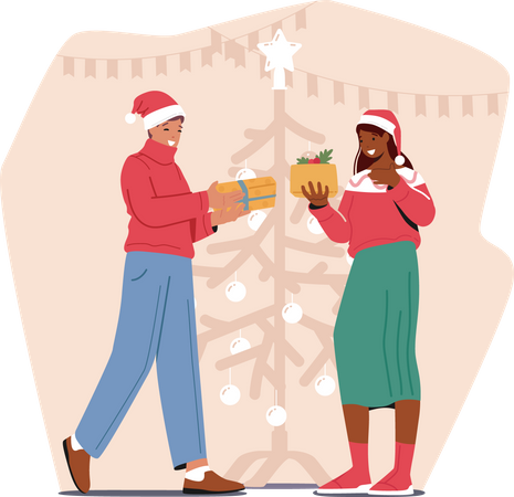 Man and woman sharing gifts on christmas  Illustration