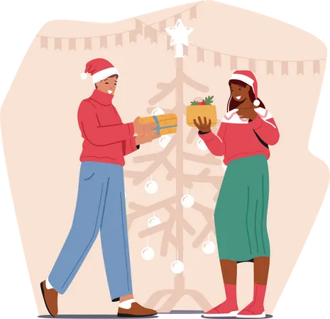 Happy Man And Woman Characters Presenting Gifts To Each Other Merry Christmas Holiday Party New Year Eve Xmas Celebration Loving Couple Winter Holiday Greetings Cartoon People Vector Illustration Illustration