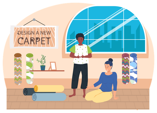 Man and woman shopping for carpet Illustration