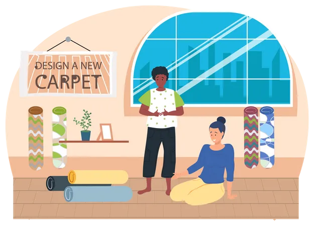 Man and woman shopping for carpet Illustration