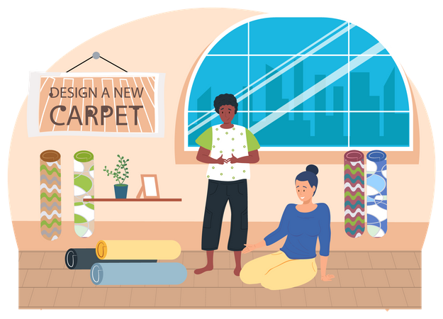 Man and woman shopping for carpet  Illustration