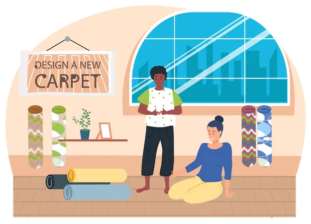 Man and woman shopping for carpet  Illustration