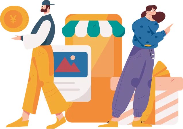 Man and woman shopping on mobile app  Illustration