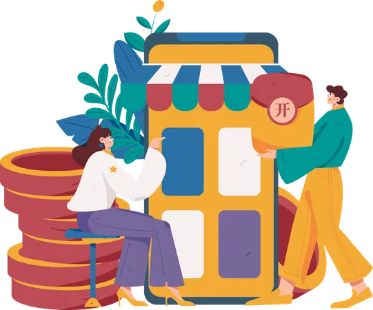 Man and woman shopping on shopping app  Illustration