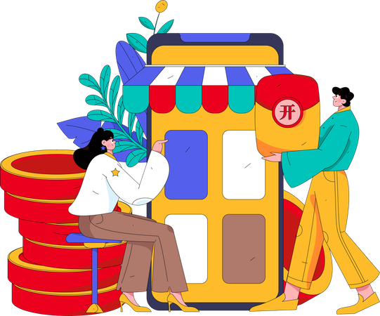 Man and woman shopping on shopping app  Illustration