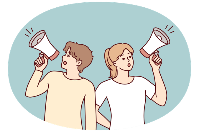 Man and woman shouting in loudspeaker to invite to event or make announcement  Illustration