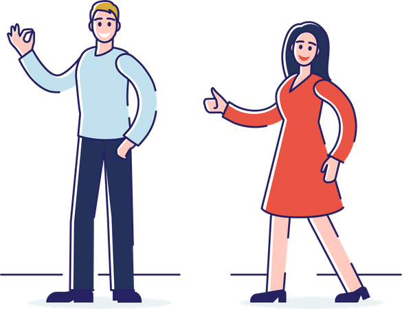 Man And Woman Showing Ok And Thumb Up Signs Illustration