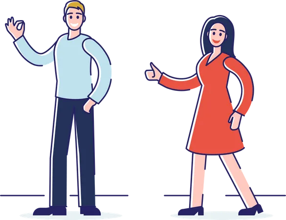 Man And Woman Showing Ok And Thumb Up Signs  Illustration