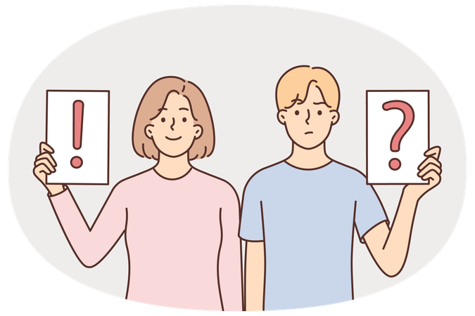 男女が疑問符と感嘆符のサインで意見の相違を示している  イラスト