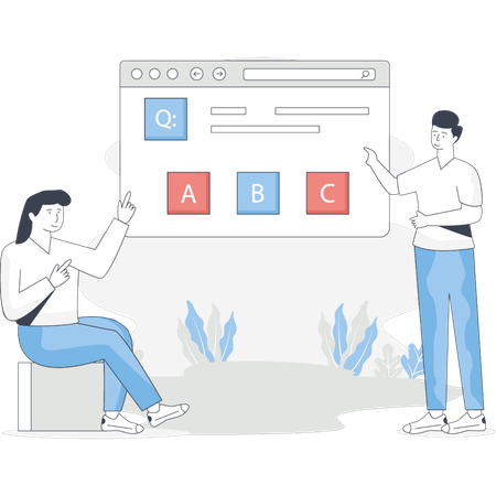 Man and woman sit on a bench pointing at a screen displaying letters together  Illustration