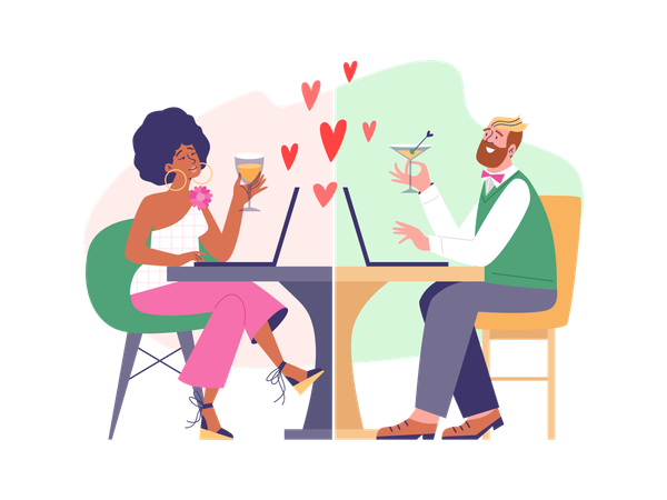 Man and woman sitting at the laptops and drinking cocktails  Illustration