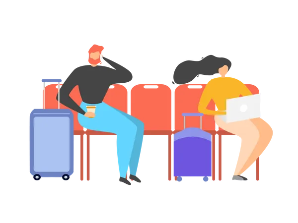 Man and woman sitting in waiting area Illustration