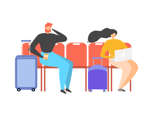 Man and woman sitting in waiting area  Illustration