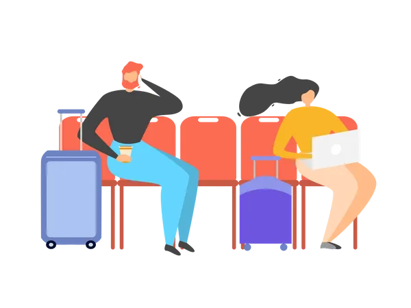 Man and woman sitting in waiting area  Illustration