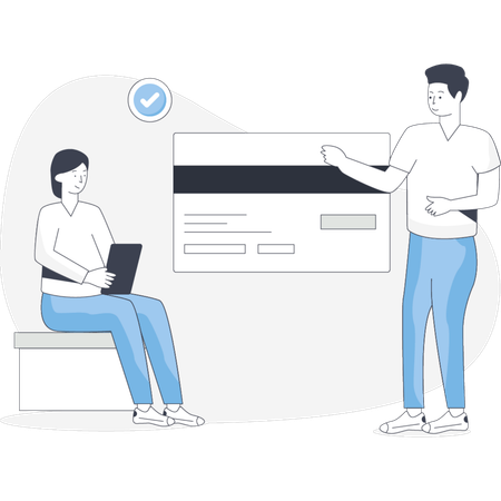 Man and woman sitting on a bench holding a credit card and discussing their purchase options  Illustration