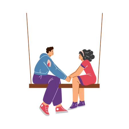 Man and woman sitting on a swing and holding hands  Illustration