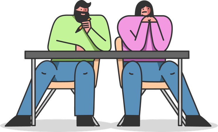 Man and woman sitting on desk  Illustration