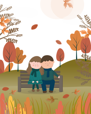 Man and woman sitting on long bench in nature park Illustration