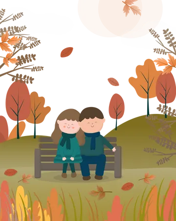 Young Man And Woman Sitting On Longn Bench In Nature Park Couple Happy On Romantic Autumn Cartoon Character Design Vector Illustration Illustration