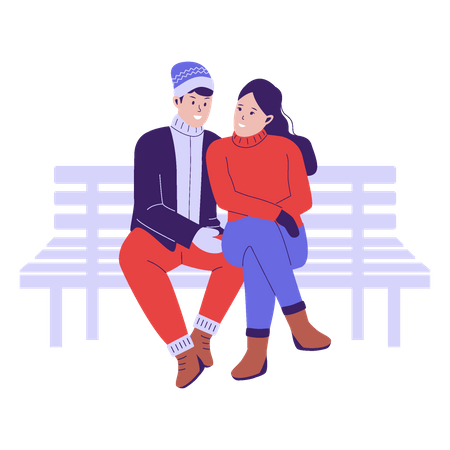 Man and woman sitting on wooden bench in winter season  일러스트레이션