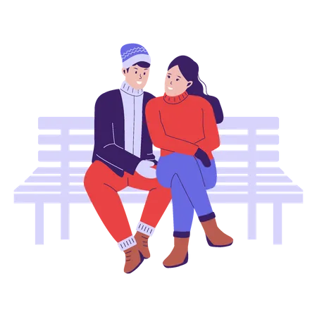 Man and woman sitting on wooden bench in winter season  Illustration