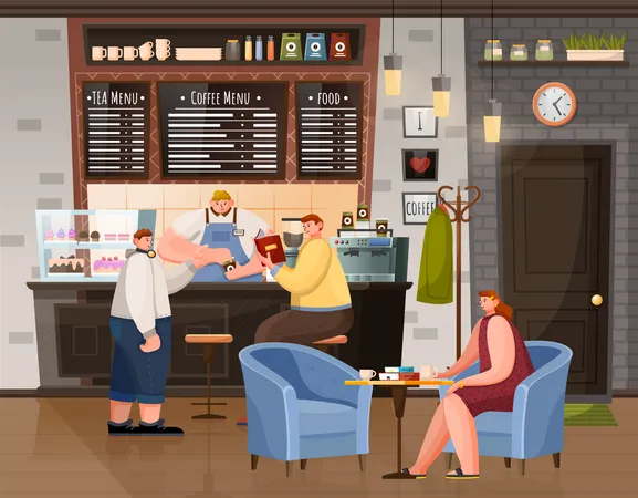 People Breaktime With Beverage In Coffeehouse Woman Sitting At Table With Cup Men Sitting Near Bar With Bartender Or Waiter Interior Of Restaurant Urban Place With Coffee Tea And Food Menu Vector Illustration