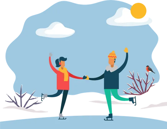 Man And Woman Holding Each Other Hands And Skating On Rink Couple On Date Spend Leisure Time Together In Park Outdoor Activity On Holidays Sunny Weather In Winter Vector Illustration In Flat Illustration