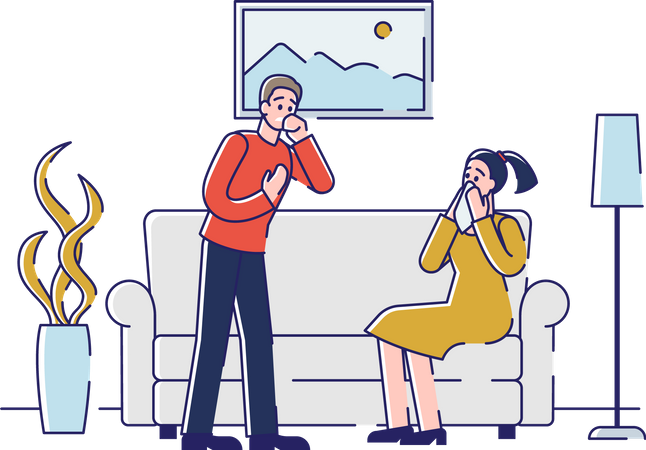 Man and woman sneezing at home Illustration