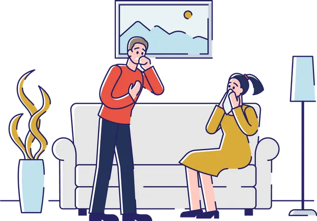Man and woman sneezing at home Illustration