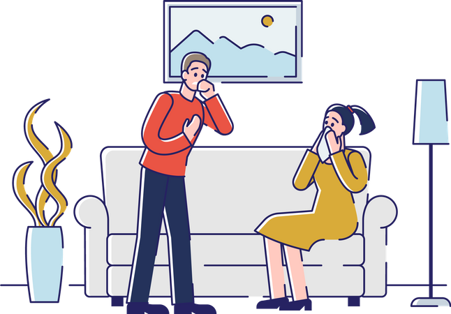 Man and woman sneezing at home  Illustration