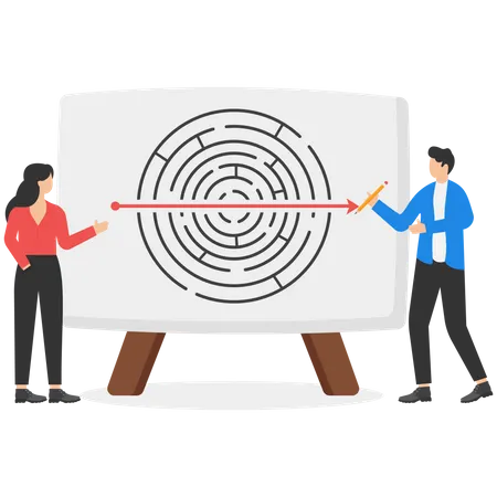 Man and woman solve labyrinth by straight line arrows  Illustration