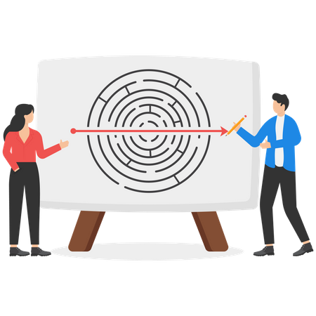 Man and woman solve labyrinth by straight line arrows  Illustration