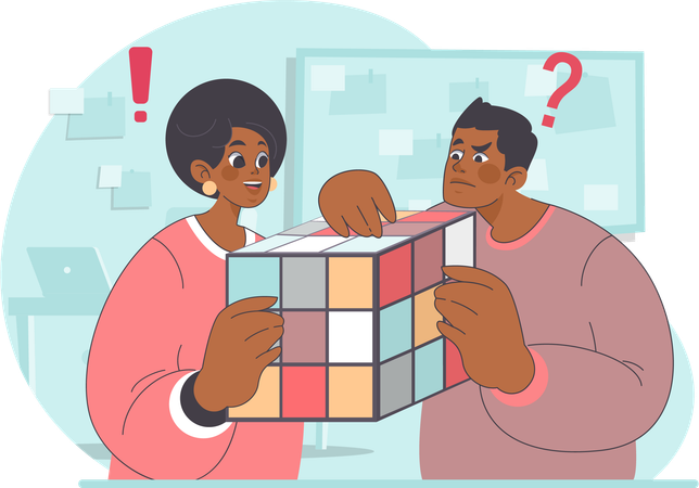 Man and woman solving rubic cube  Illustration