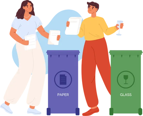 Man and woman sorting glass paper waste for recycling  Illustration