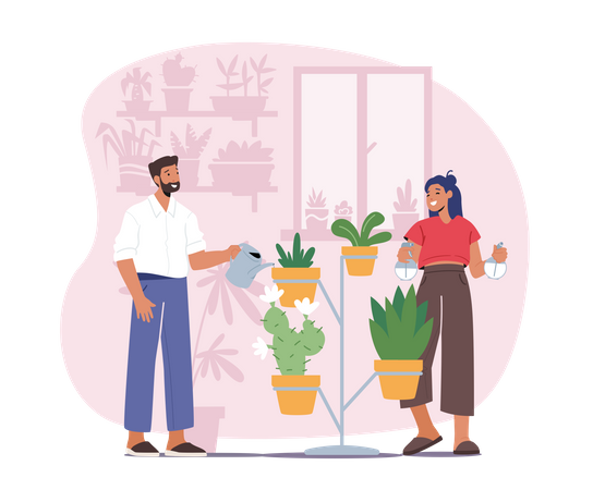 Man and Woman Spraying and Water Flowers on Shelf with Watering Can  Illustration