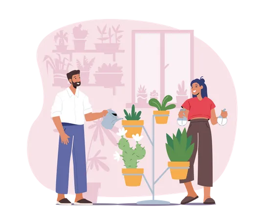 Man and Woman Spraying and Water Flowers on Shelf with Watering Can  Illustration