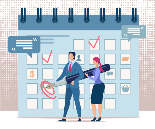 Man and Woman Stand at Calendar and Make Notes Illustration