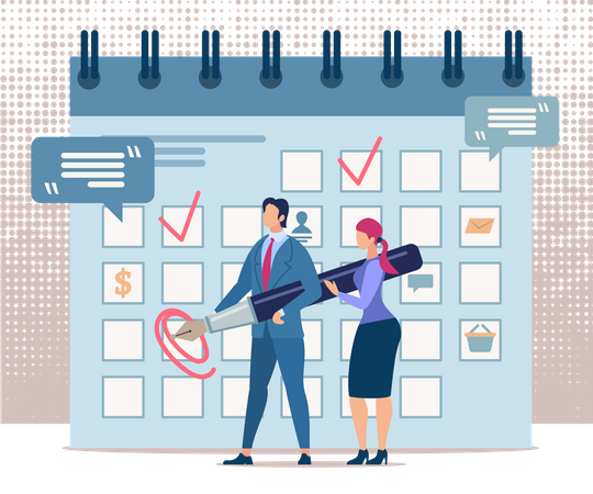 Man and Woman Stand at Calendar and Make Notes  Illustration