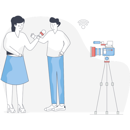 Man and woman stand beside a camera smiling and posing for a photo  Illustration