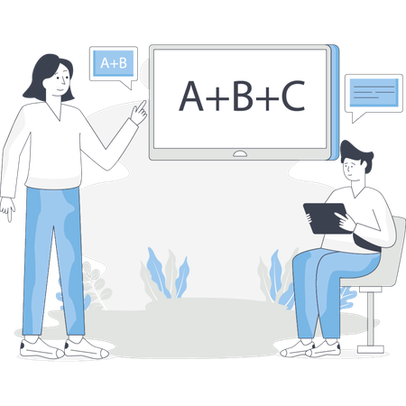 Man and woman stand by a board displaying the letters "abc" and "cb" Illustration