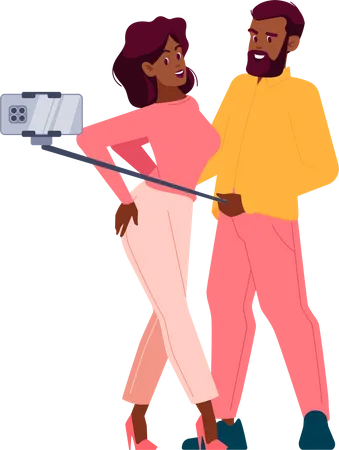Man And Woman Stand Close Together Holding Smartphone In Front Of Their Faces Illustration