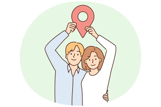 Man and woman stand in embrace and show large geotag to share coordinates for house party  Illustration