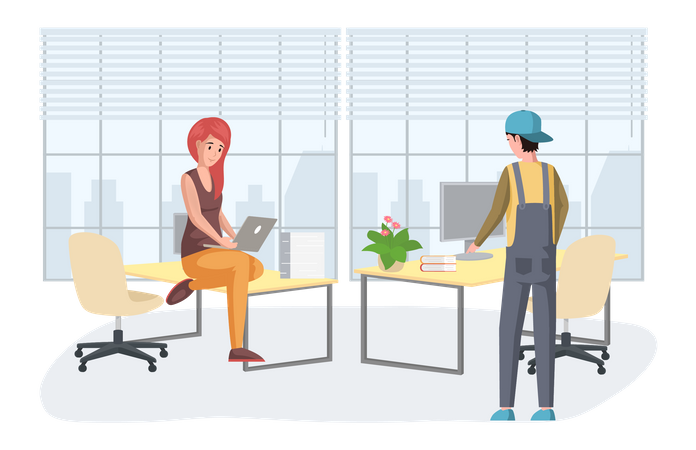 Man and woman stand near computer Illustration